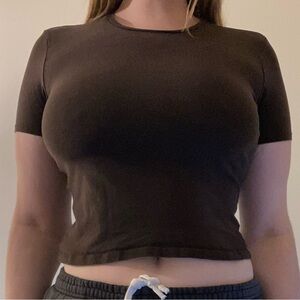 H&M Brown Fitted Cropped Short-Sleeve Top